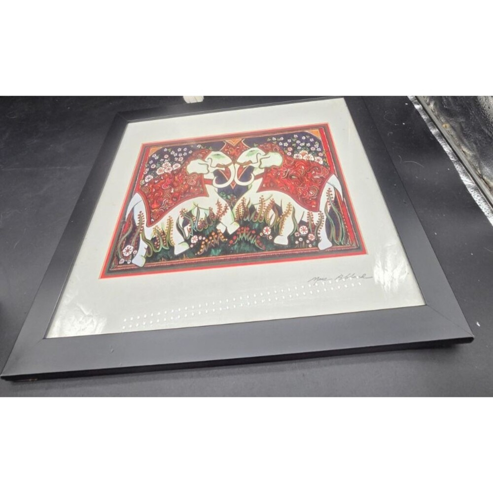Signed Mara Abboud Dual Elephant Framed Lithograph Lebanese Art Signed 18 x 16